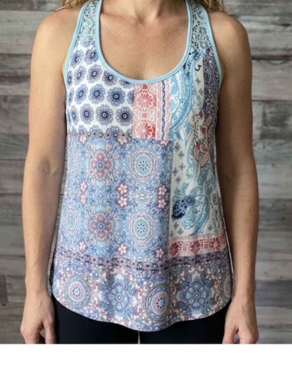 NWT In Bloom Blue Patchwork Paisley Lace-Trim Tank